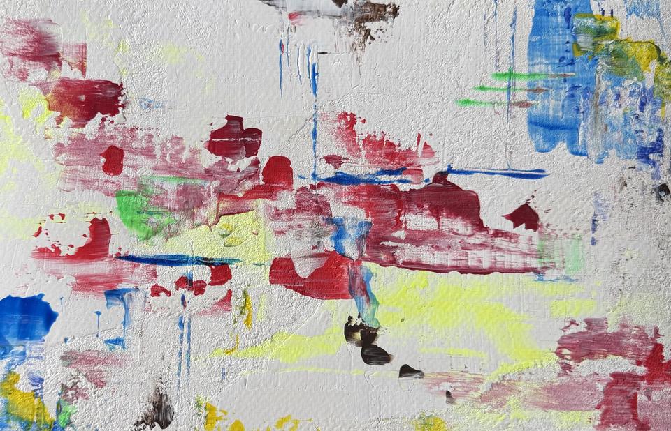Textured abstract painting with horizontal strokes of red, pink and neon yellow, blue drips, and small black and green marks on a thick white ground.
