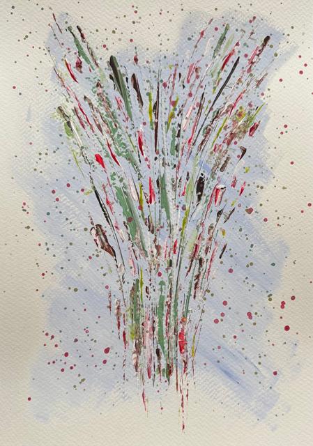 Abstract painting of a burst of green, red, brown and white brush strokes rising like a bouquet from a pale blue wash, with small coloured dots scattered across the cream paper.