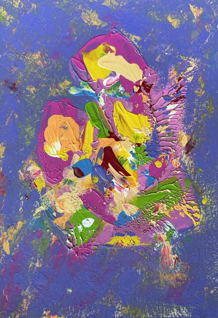 Abstract painting of a dense cluster of thick paint in magenta, yellow, lime green, orange and blue on a violet-blue ground.