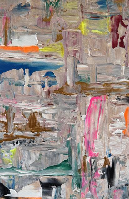 Abstract painting of thick, creamy grey-pink layers with vertical streaks of neon pink, orange and yellow, a blue stroke and copper-gold and green accents.