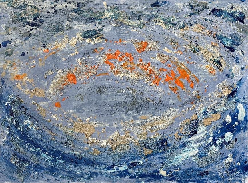Textured abstract painting of a blue and grey-blue oval with bursts of orange and sand-coloured crumbly paint at the centre, ringed by deep blue strokes.