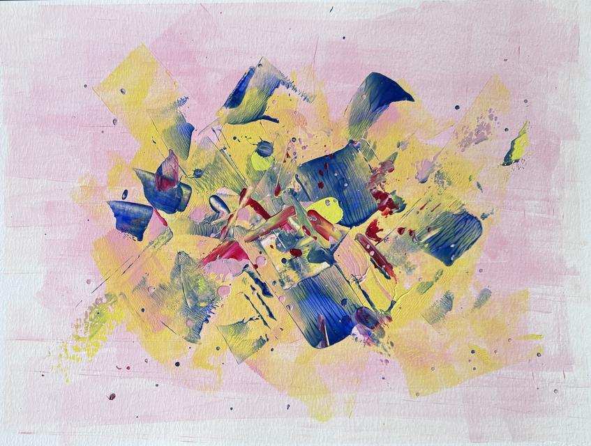 Abstract painting of overlapping yellow and blue strokes with red marks and small drops, over a soft pink wash on white paper.