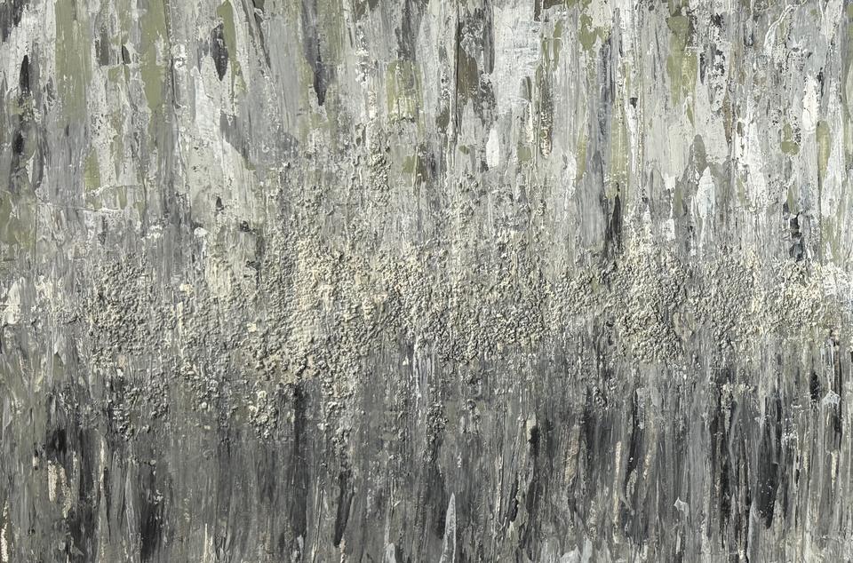 Abstract painting of vertical grey, olive and white strokes like falling rain, with a band of grainy ground-coffee texture across the middle.
