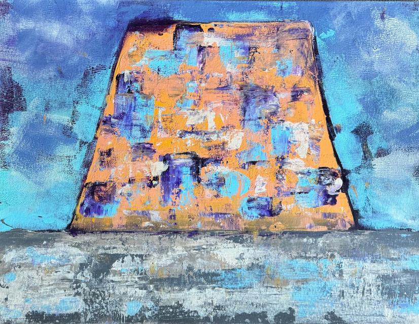 Abstract painting of an orange trapezoid patched with blue and violet squares, standing on a grey ground under a blue sky.