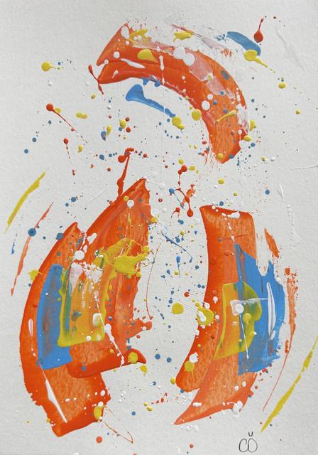 Abstract painting of two curved orange sweeps with blue and yellow patches, white and yellow splatters and sky-blue dots.
