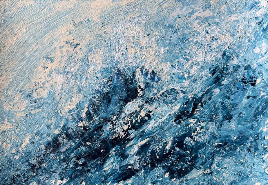 Textured abstract painting of a pale, foamy crest at the top and dark navy and blue strokes rising from the lower left, like a wave breaking.