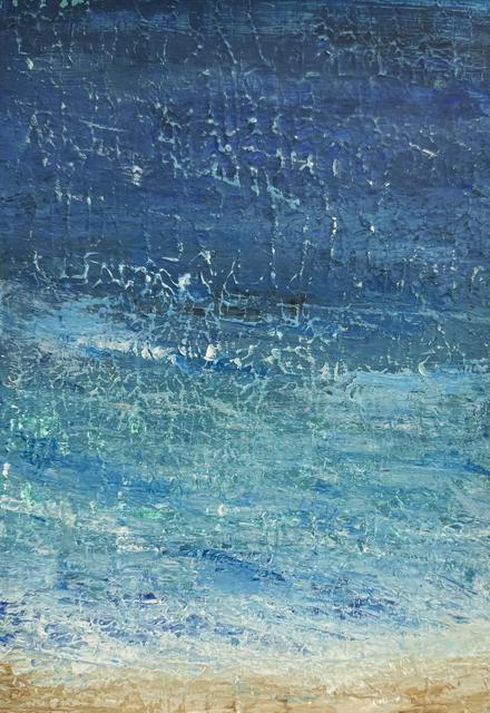 Textured abstract painting that moves from deep blue at the top through turquoise to white foam and a band of sand at the bottom, with fine pale cracks across the surface.