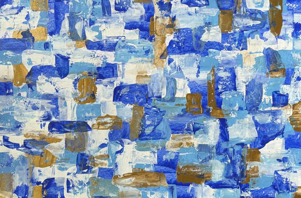 Abstract painting of overlapping blocks of cobalt blue, light blue and white paint with touches of copper gold.