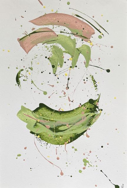 Abstract painting of a pink and green swirl: a curved green stroke at the bottom, pink and green arcs above, and fine splatters.