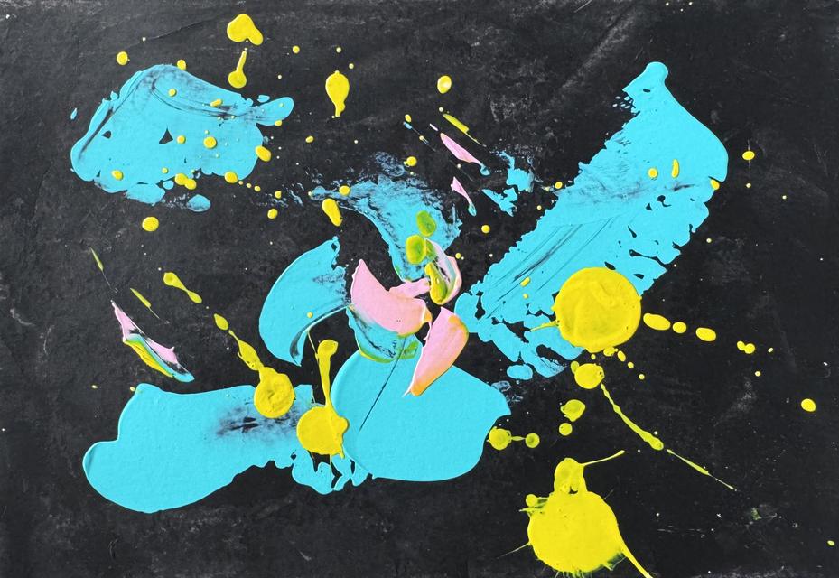 Abstract painting of turquoise shapes with a pink accent and bright yellow drops and splatters on a black ground.
