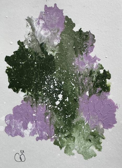Abstract painting of a textured, cloud-like shape in dark green, sage and lilac, with a spray of white dots at the centre.