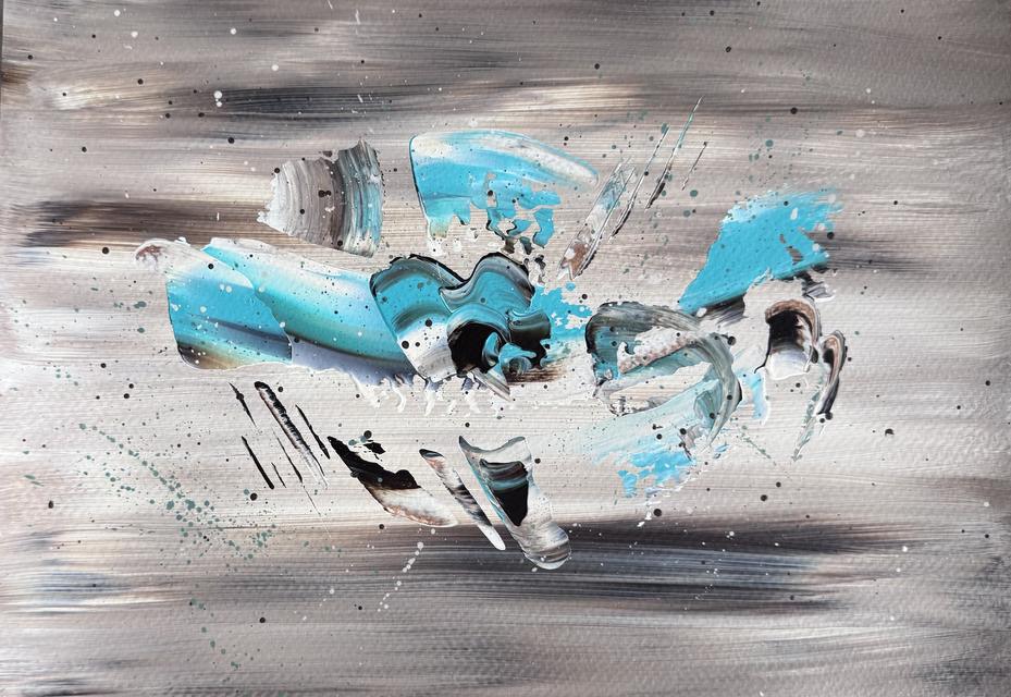 Abstract painting of horizontal grey, brown and cream streaks with a turquoise and white form at the centre and fine dark and green splatters.
